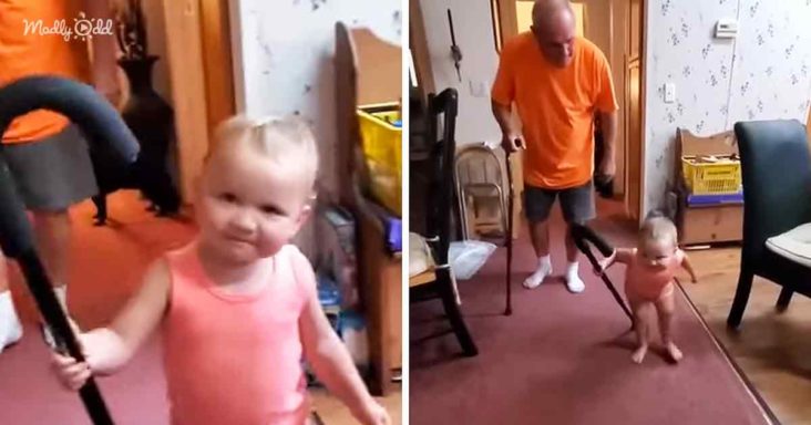Una preciosa niña pequeña imita adorablemente el caminar de su abuelo.