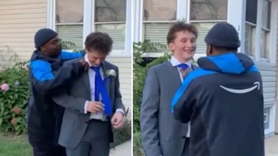 "Simplemente eres magnífico": Un repartidor de Amazon ayuda a un adolescente de Chicago a anudarse la corbata antes de un baile escolar.