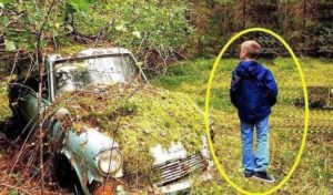 "Explorando el bosque: Un niño encuentra un viejo coche abandonado y descubre un sobre en una caja antigua."