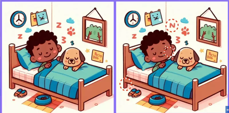 Acertijo soñoliento: ¡encuentra 3 diferencias en el idilio nocturno de un niño y su perro!
