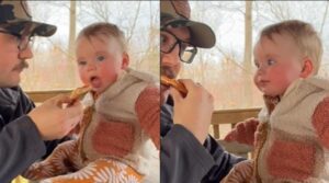 ¡Este dulce bebé prueba un pedazo de pizza por primera vez en su vida! ¡Veamos su reacción!