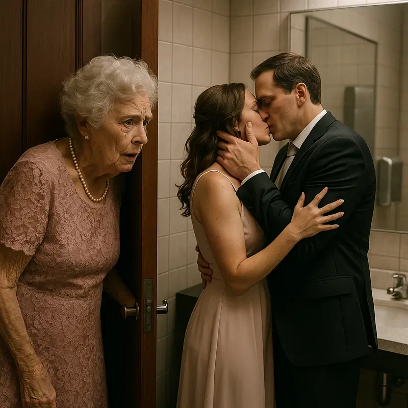 La madre de la novia ve al novio entrar al baño con la dama de honor durante la boda