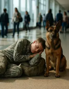 La gente en el aeropuerto vio a un hombre uniformado en tierra y luego su perro ladró a cualquiera que se acercara.