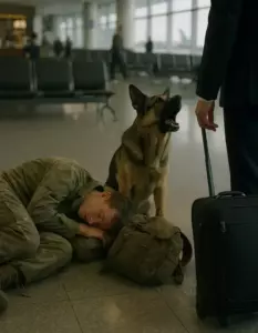 La gente en el aeropuerto vio a un hombre uniformado en tierra y luego su perro ladró a cualquiera que se acercara.